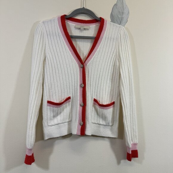 LOFT Women’s Tipped Puff Sleeve V-Neck Cardigan Knit Sweater Size XS - Picture 1 of 6